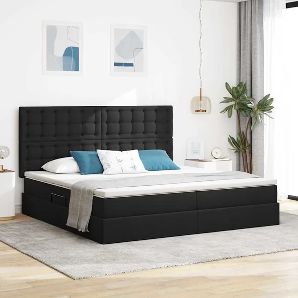 Lit avec rangement et matelas Noir 200 x 200 cm tissu