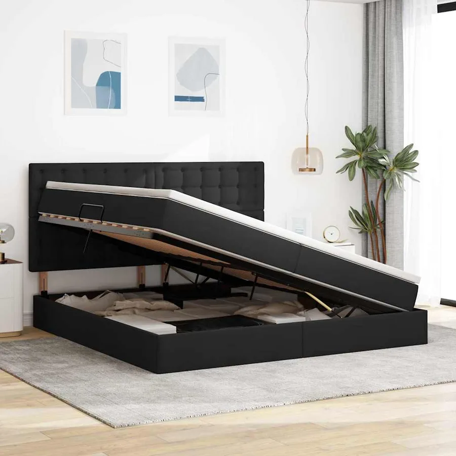Lit avec rangement et matelas Noir 200 x 200 cm tissu - 4