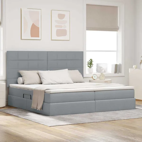 Lit avec rangement et matelas Gris clair 200 x 200 cm tissu