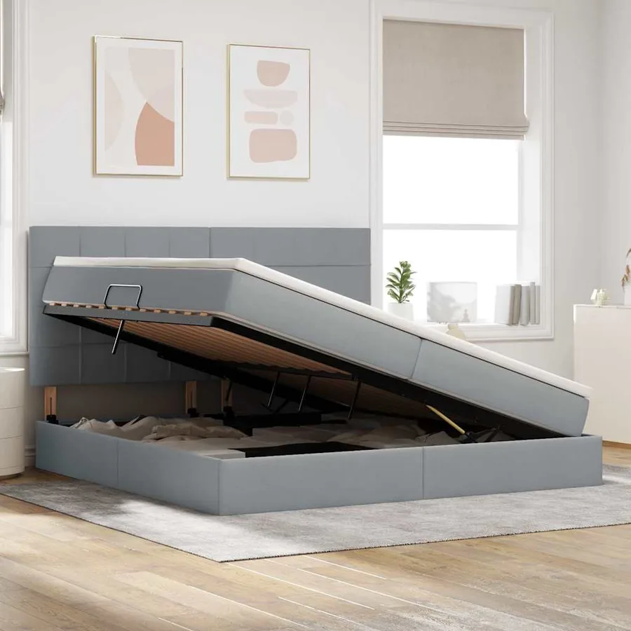 Lit avec rangement et matelas Gris clair 200 x 200 cm tissu - 4