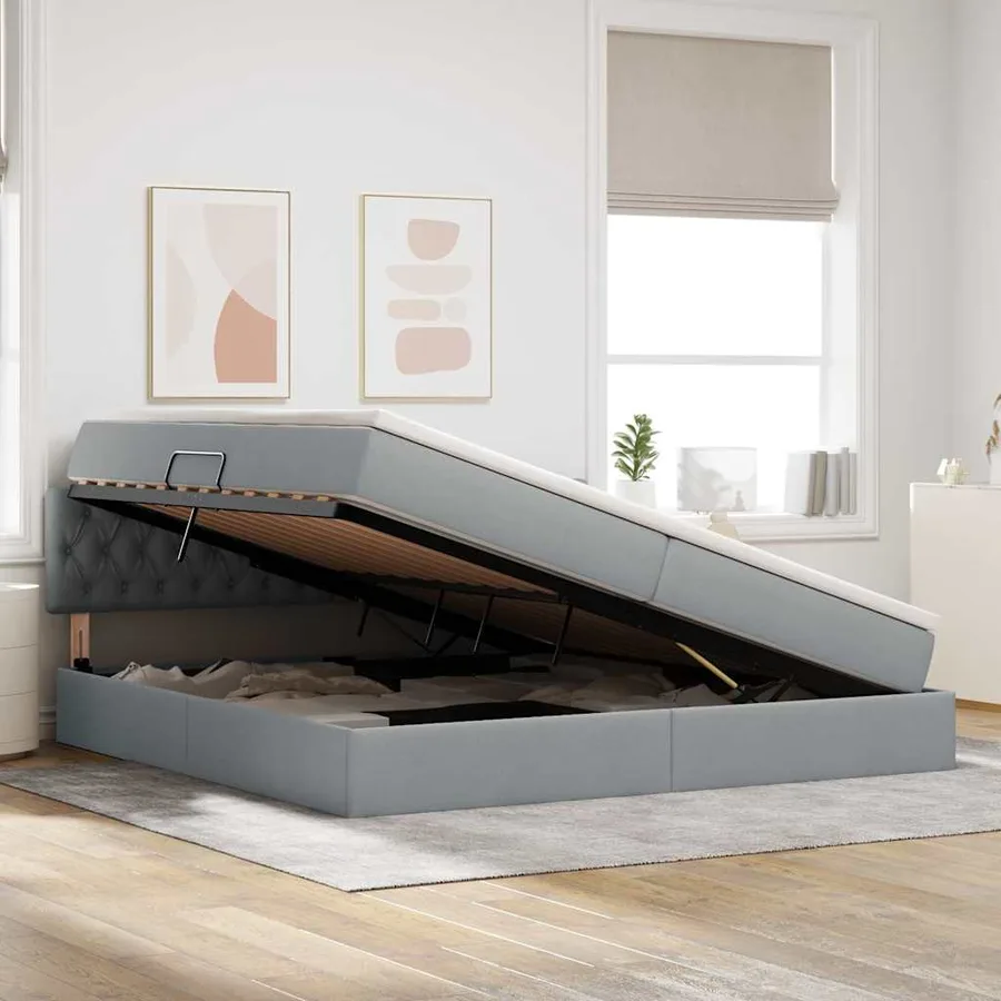 Lit de rangement LED avec matelas Gris clair 200 x 200 cm Tissu - 4