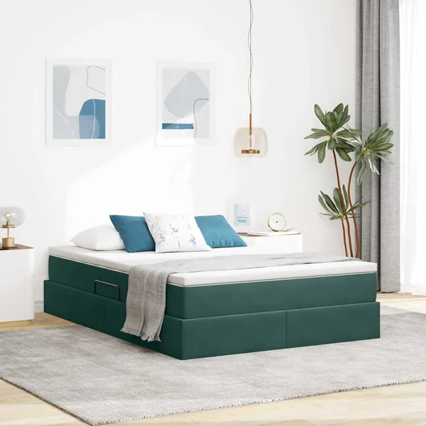 Lit avec rangement et matelas Vert foncé 140 x 190 cm Velours