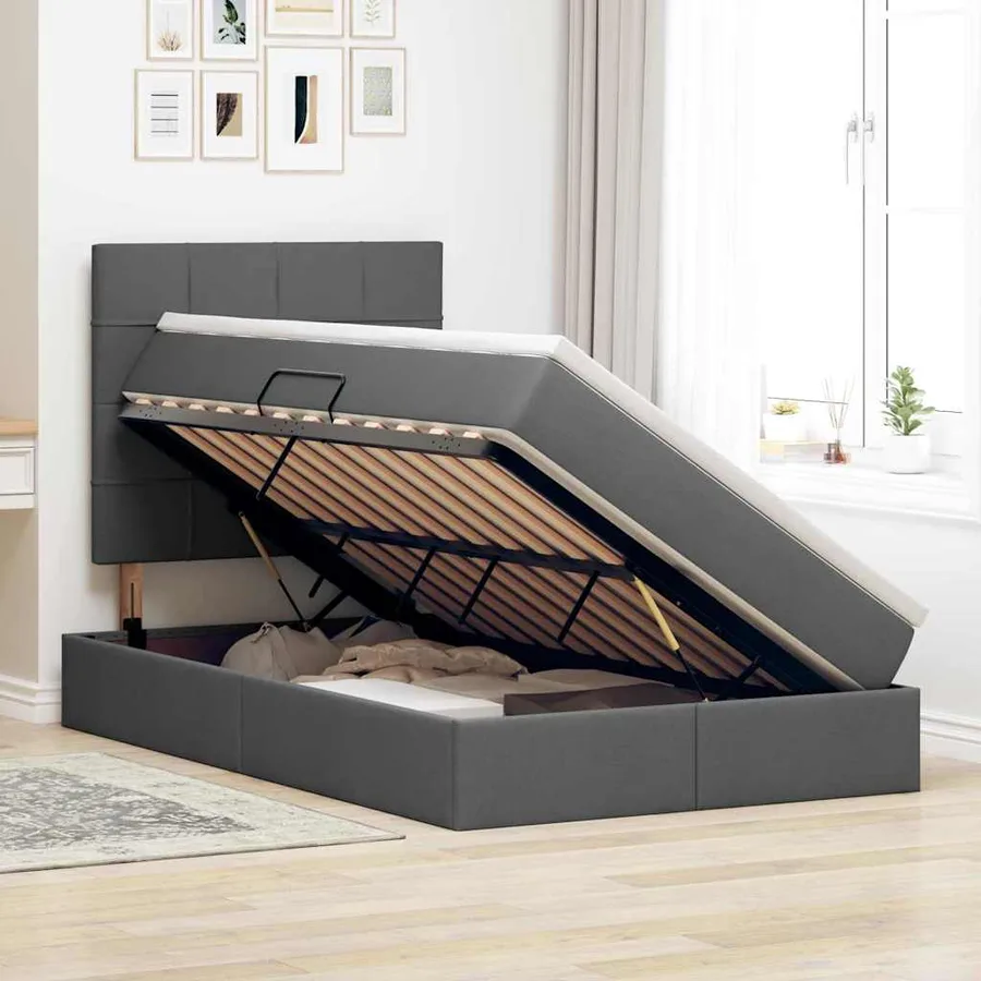 Lit avec rangement et matelas Gris foncé 120 x 190 cm tissu - 4