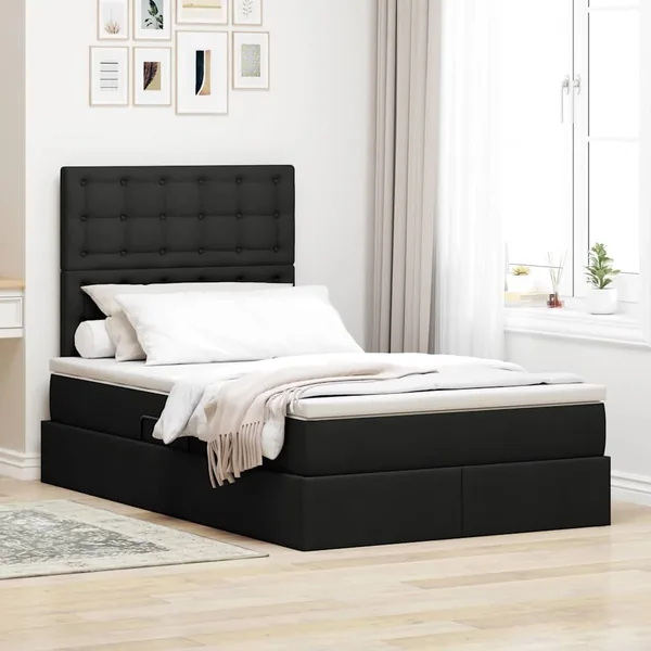 Lit avec rangement et matelas Noir 120 x 190 cm tissu