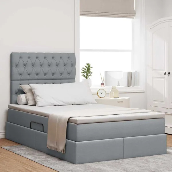 Lit avec rangement et matelas Gris clair 120 x 200 cm tissu