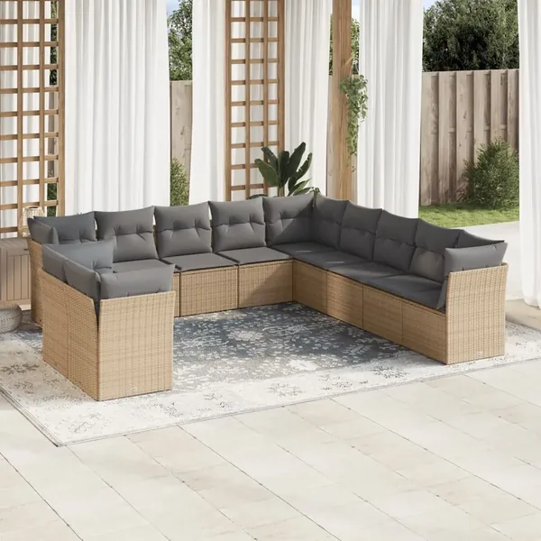 Salon de jardin 11 pcs avec coussins beige résine tressée
