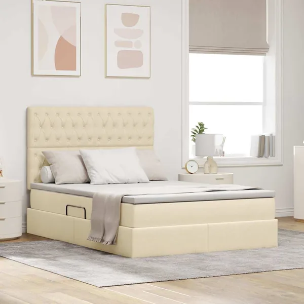 Lit de rangement LED avec matelas Crème 140 x 190 cm Tissu