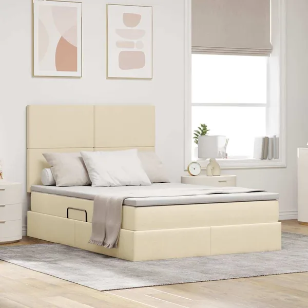 Lit avec rangement et matelas Crème 140 x 190 cm tissu