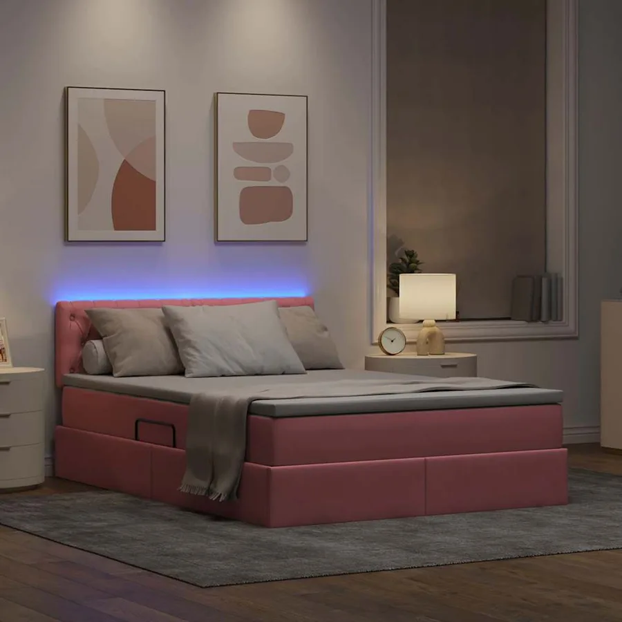 Lit de rangement LED avec matelas Rose 140 x 190 cm Velours - 5