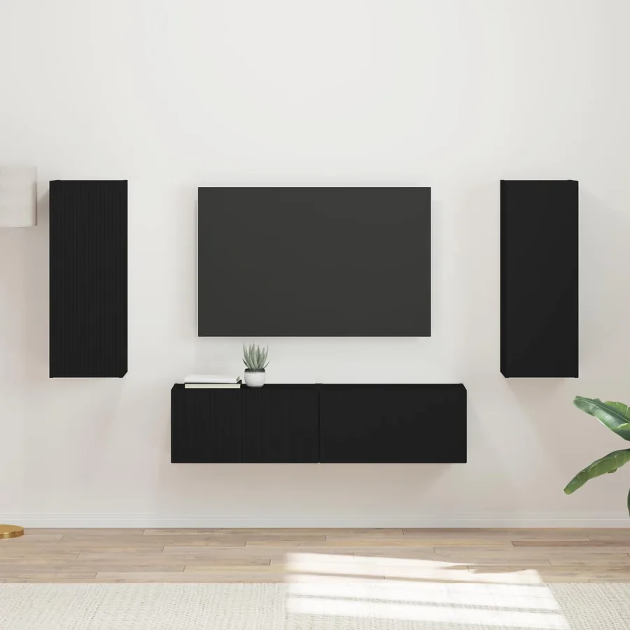 Ensemble meuble TV Montage mural 2 pcs Noir Bois d'ingénierie