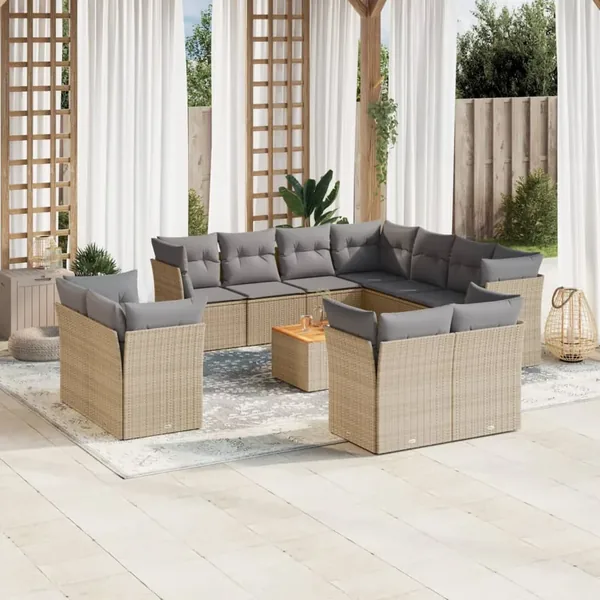 Salon de jardin avec coussins 12 pcs beige résine tressée