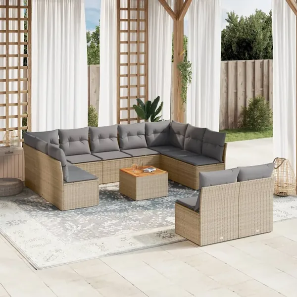 Salon de jardin avec coussins 12 pcs beige résine tressée