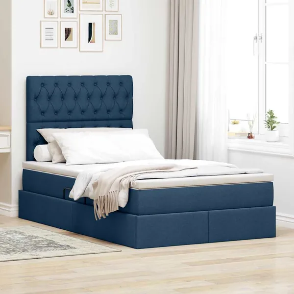 Lit avec rangement et matelas Bleu 120 x 200 cm tissu