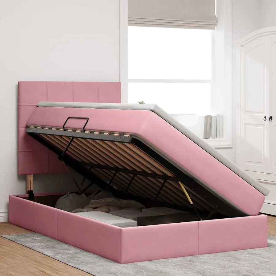 Lit avec rangement et matelas Rose 120 x 190 cm Velours - 4