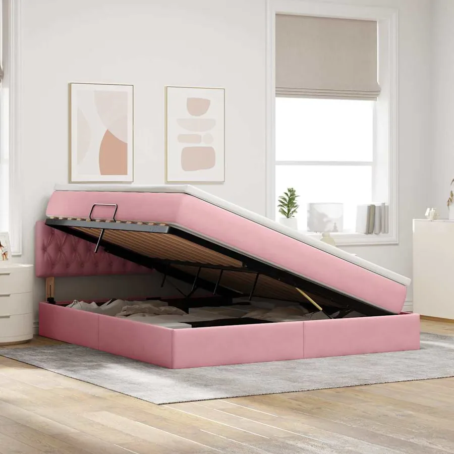 Lit de rangement LED avec matelas Rose 160 x 200 cm Velours - 4