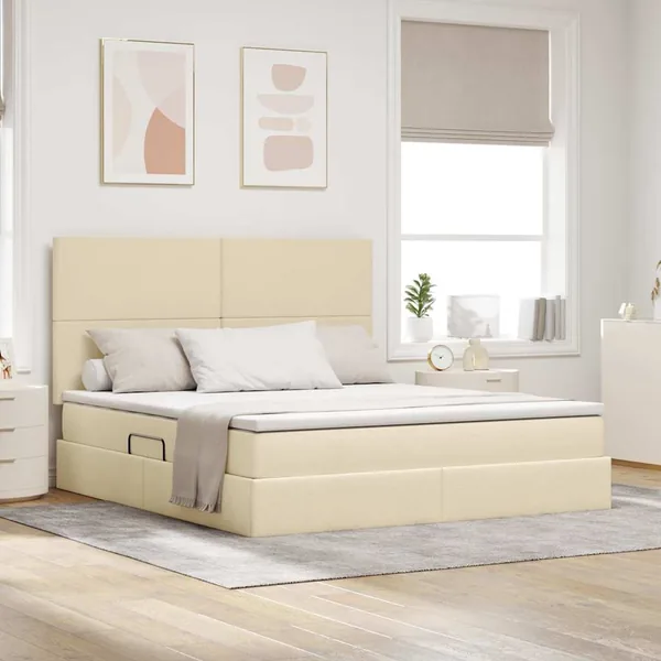 Lit avec rangement et matelas Crème 160 x 200 cm tissu