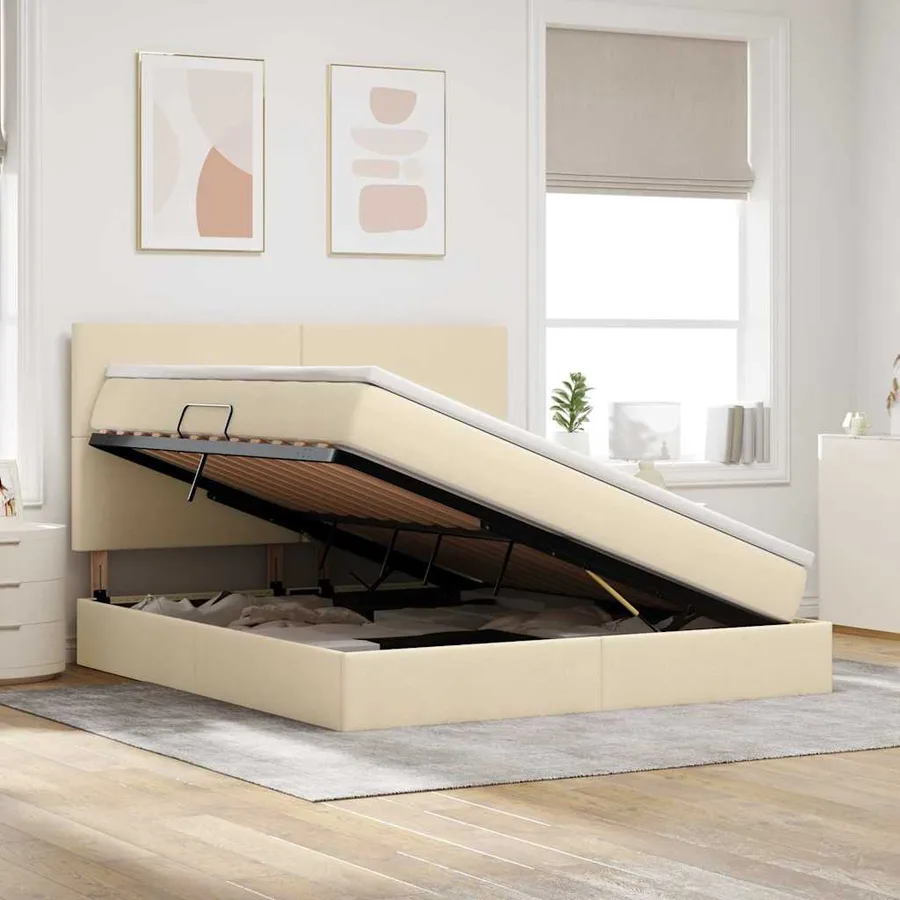 Lit avec rangement et matelas Crème 160 x 200 cm tissu - 4