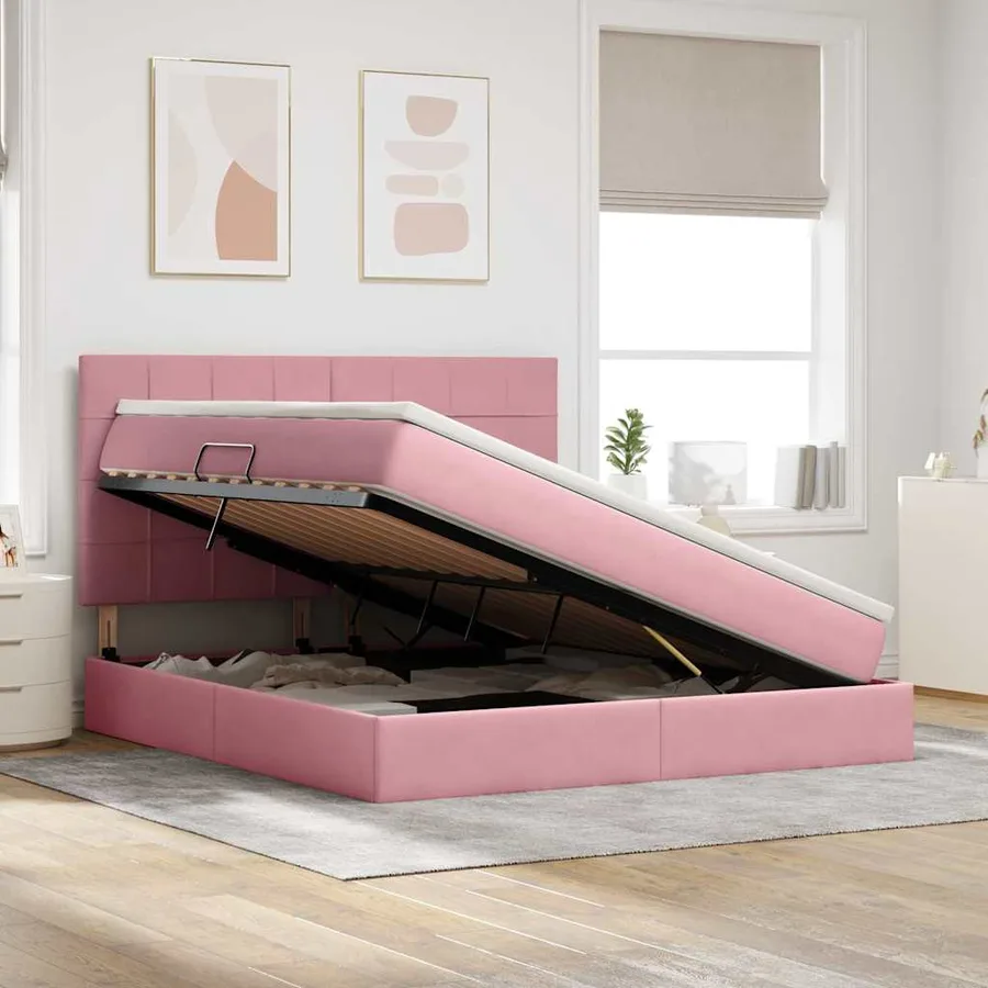 Lit de rangement LED avec matelas Rose 160 x 200 cm Velours - 4