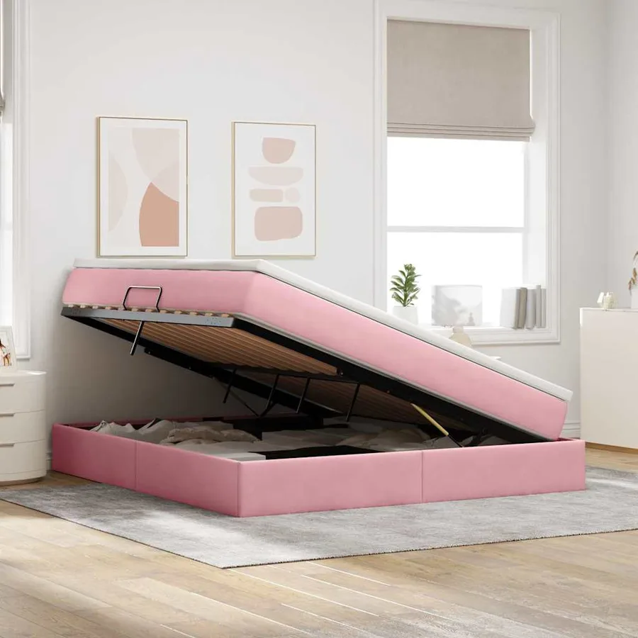 Lit avec rangement et matelas Rose 160 x 200 cm Velours - 4