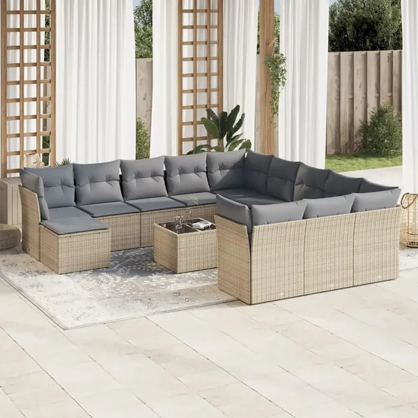 Salon de jardin avec coussins 13 pcs beige résine tressée