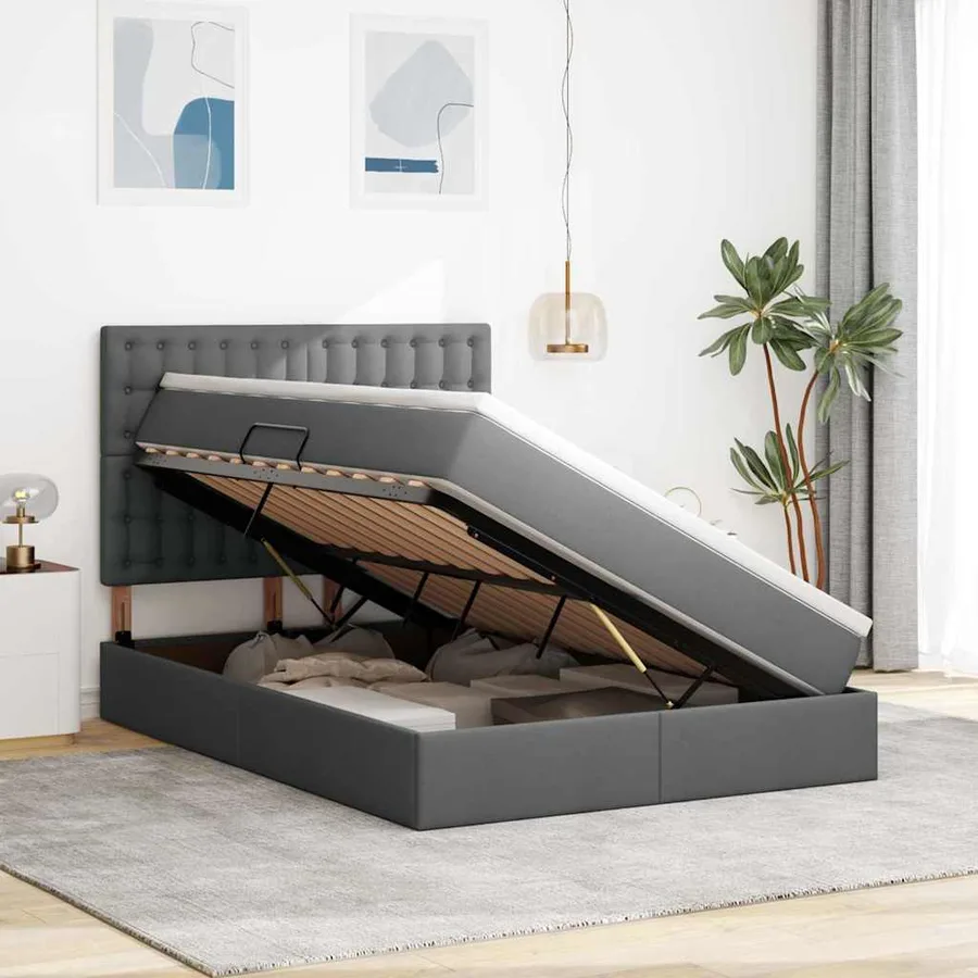Lit avec rangement et matelas Gris foncé 140 x 190 cm tissu - 4