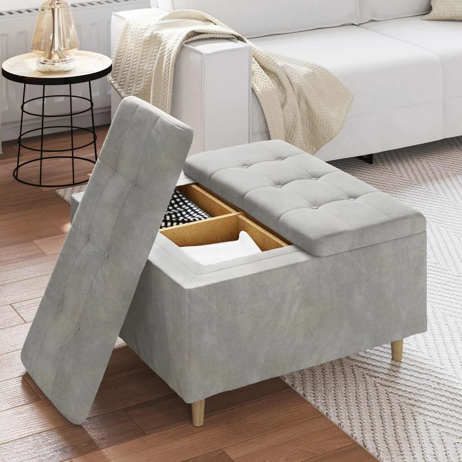Pouf de rangement Gris clair 80 x 80 x 45 cm Velours - 4