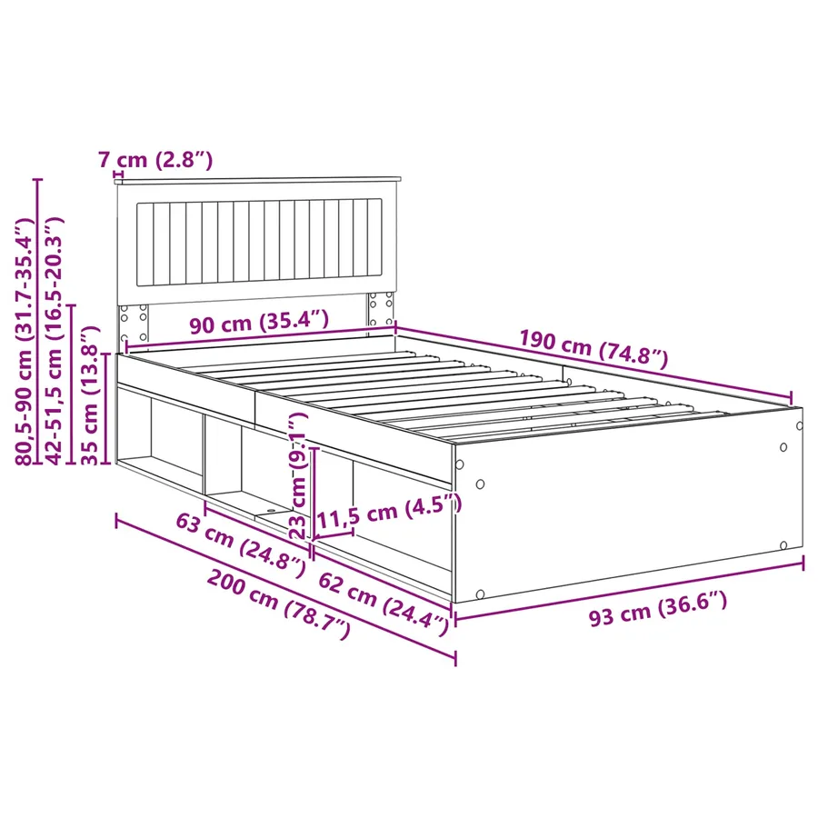 Cadre de lit avec tête de lit Chêne fumé 90 x 190 cm Pin massif - 13