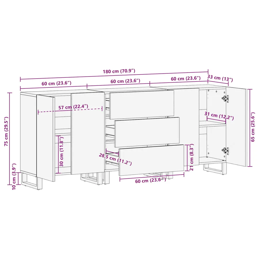 Buffet 3 pcs Marron 60 x 33 x 75 cm Bois de mangue massif - 14