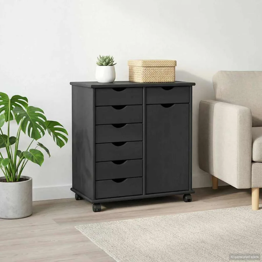 Cabinet roulant Gris 63,5 x 39 x 65,5 cm Bois de Pin Massif