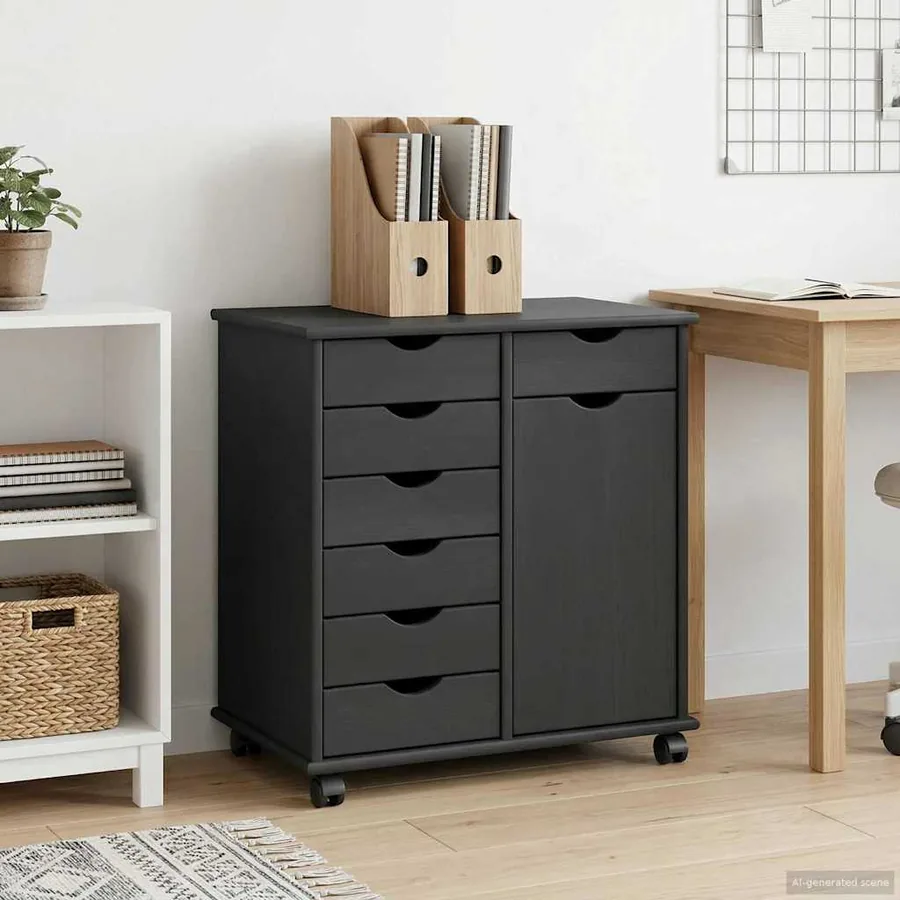 Cabinet roulant Gris 63,5 x 39 x 65,5 cm Bois de Pin Massif - 3