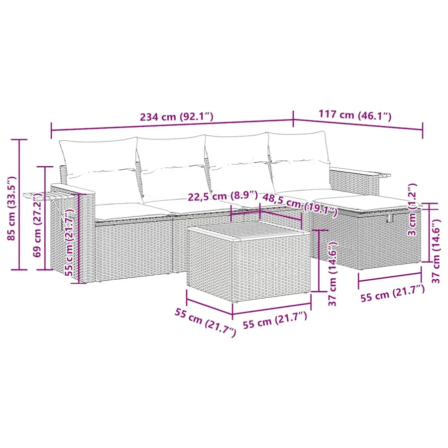 Salon de jardin 6 pcs avec coussins noir résine tressée - 14