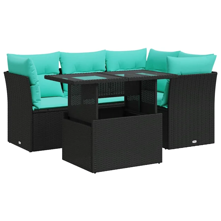 Salon de jardin 5 pcs avec coussins noir résine tressée acacia - 2