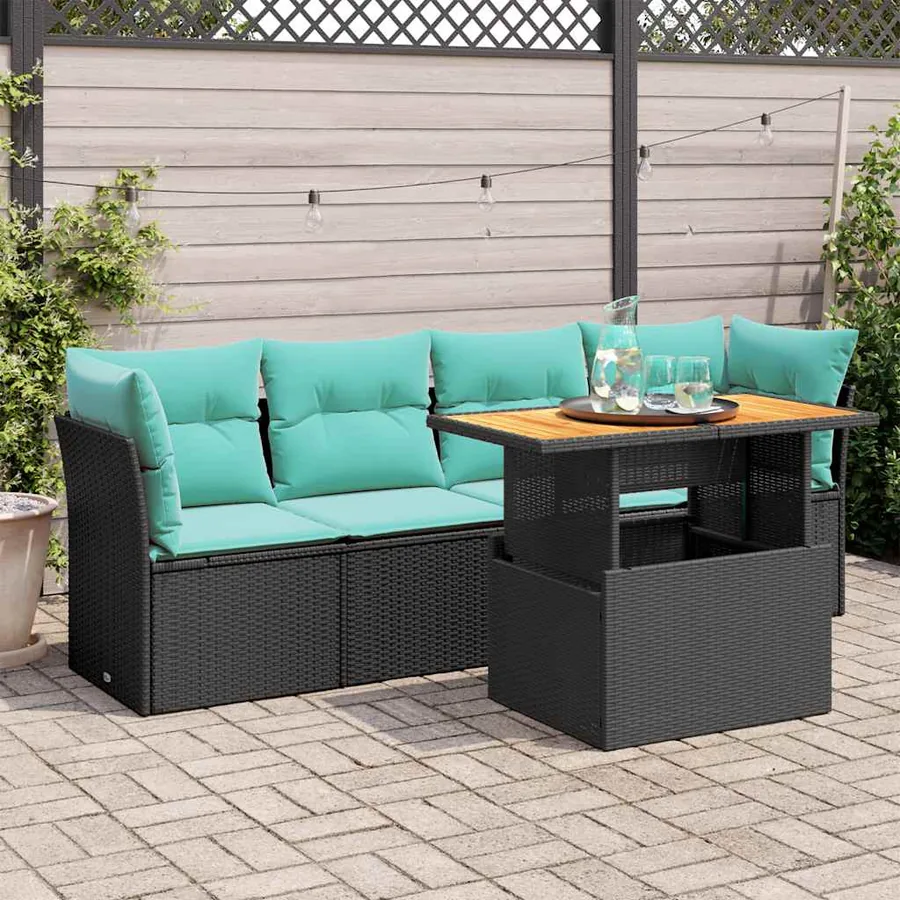 Salon de jardin 5 pcs avec coussins noir résine tressée