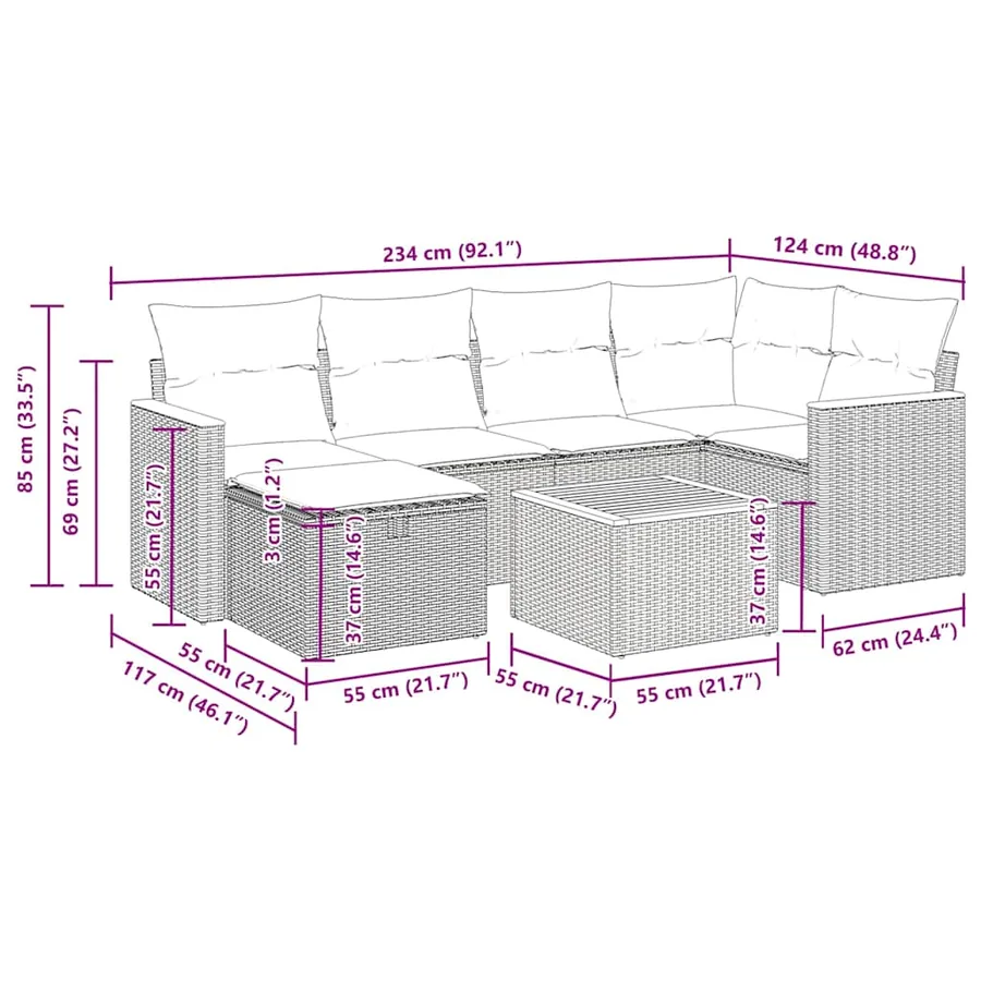 Salon de jardin 7 pcs avec coussins noir résine tressée 55 x 62 x 69 cm - 59,6 kg - 16