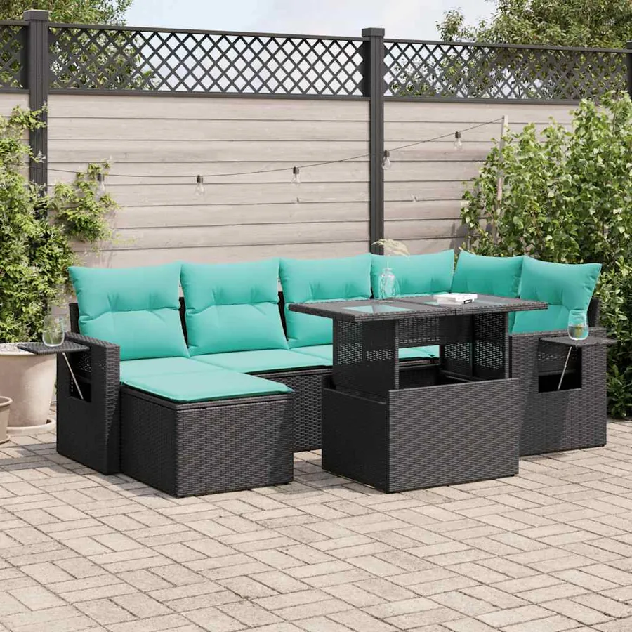 Salon de jardin avec coussins 7 pcs noir résine tressée acacia