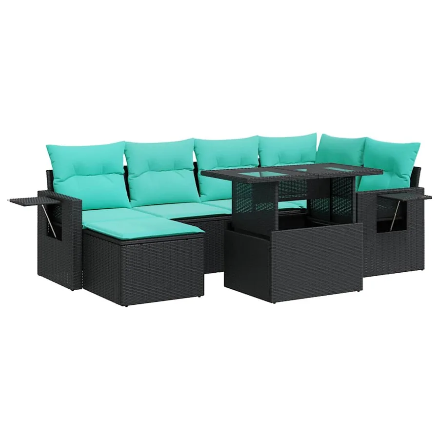 Salon de jardin avec coussins 7 pcs noir résine tressée acacia - 2