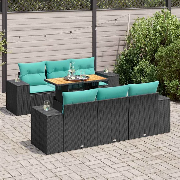 Salon de jardin 7 pcs avec coussins noir résine tressée 55 x 62 x 69 cm - 74,4 kg