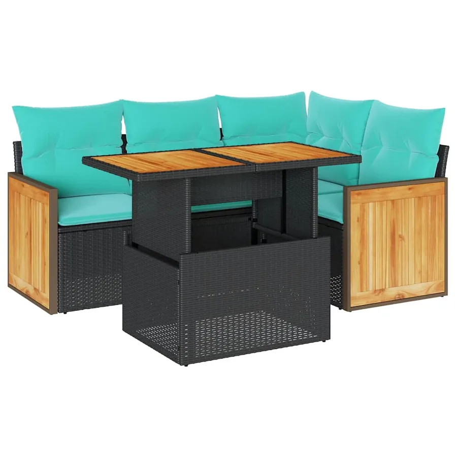 Salon de jardin 5 pcs avec coussins noir résine tressée acacia - 2