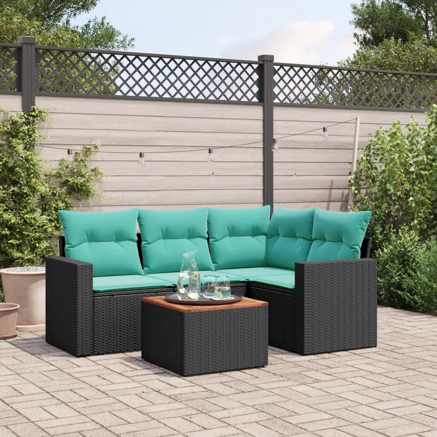 Salon de jardin 5 pcs avec coussins noir résine tressée
