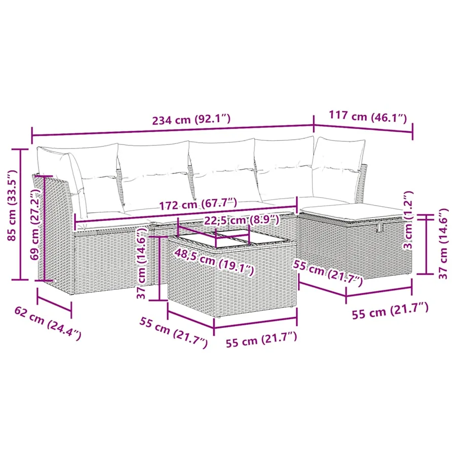 Salon de jardin 6 pcs avec coussins noir résine tressée - 12