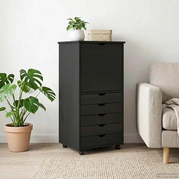 Cabinet roulant Noir 53 x 39 x 103 cm Bois de Pin Massif