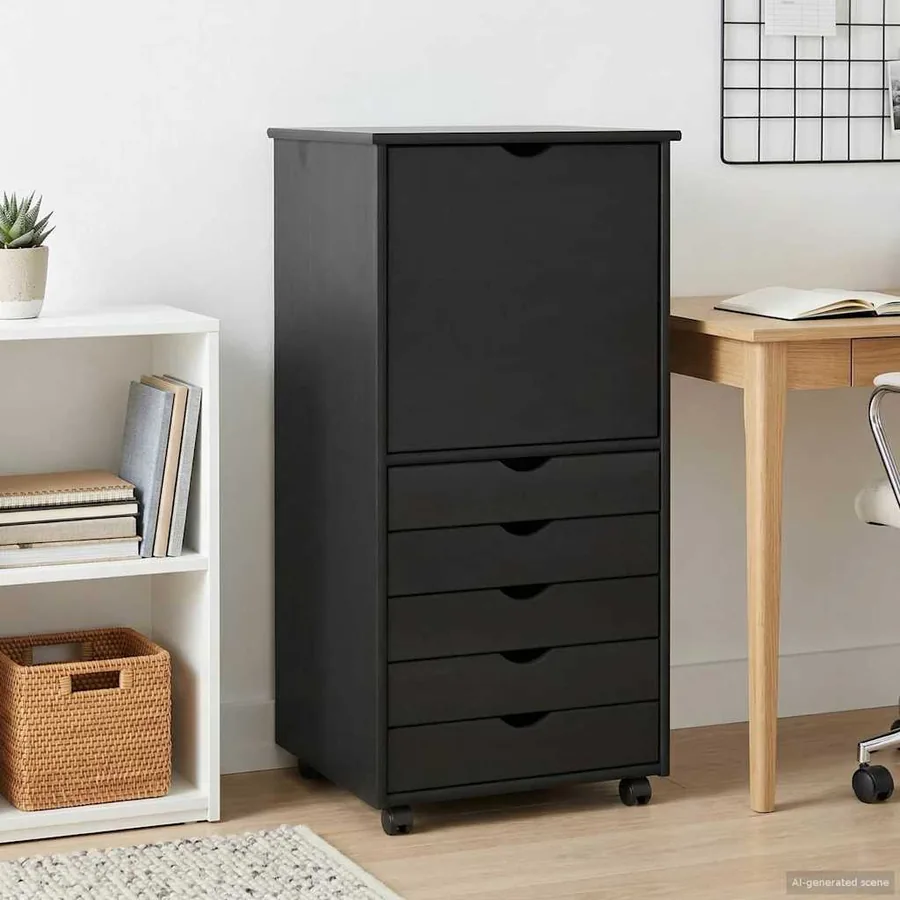 Cabinet roulant Noir 53 x 39 x 103 cm Bois de Pin Massif - 3