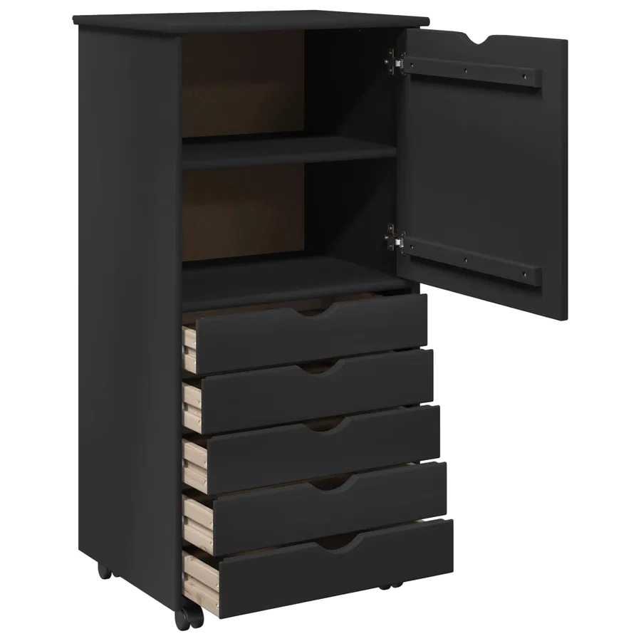 Cabinet roulant Noir 53 x 39 x 103 cm Bois de Pin Massif - 4
