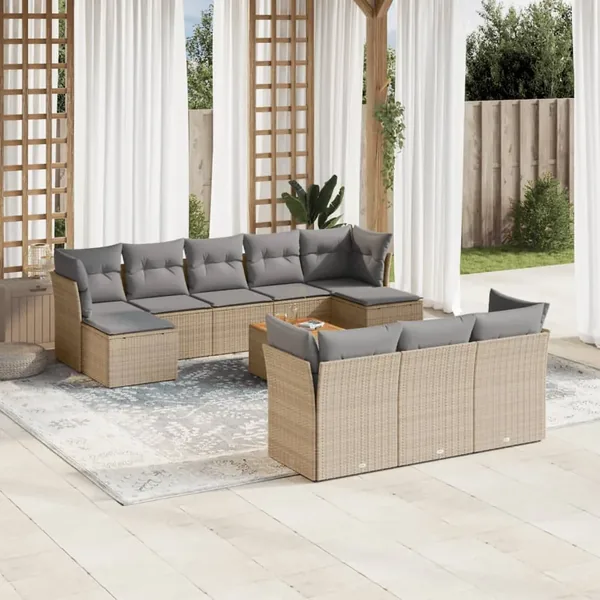 Salon de jardin 11 pcs avec coussins beige résine tressée