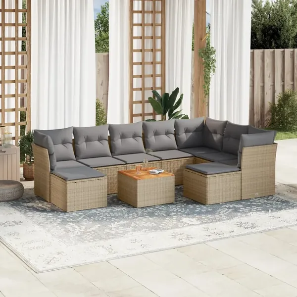 Salon de jardin avec coussins 10 pcs beige résine tressée