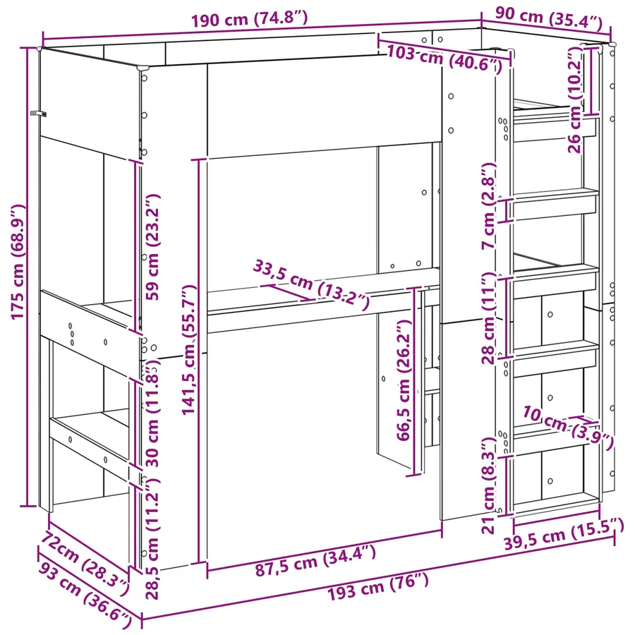 Cadre de lit superposé avec bureau Gris béton 90 x 190 cm - 10