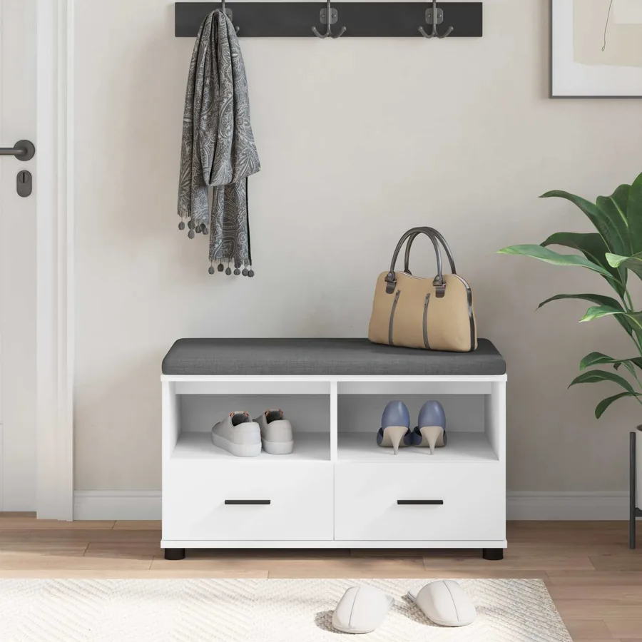 Banc d'entrée Blanc 80 x 38 x 46 cm Bois Ingénierie et Tissu - 4