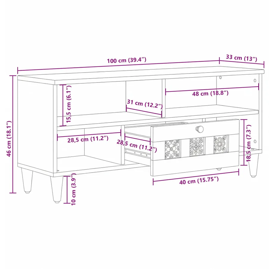 Meuble TV Noyer 100 x 33 x 46 cm Bois de mangue massif - 12