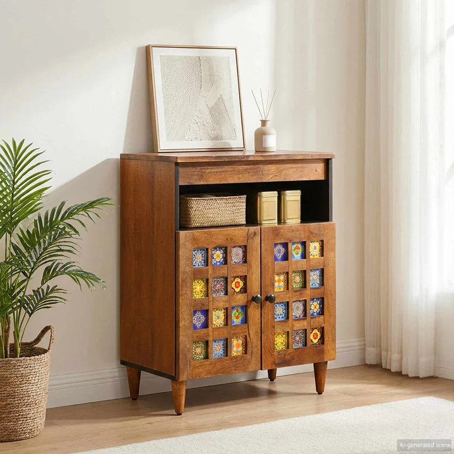 Buffet avec porte Noyer 60 x 33 x 75 cm Bois de mangue massif