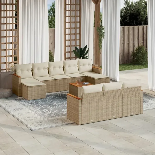 Salon de jardin 11 pcs avec coussins beige résine tressée